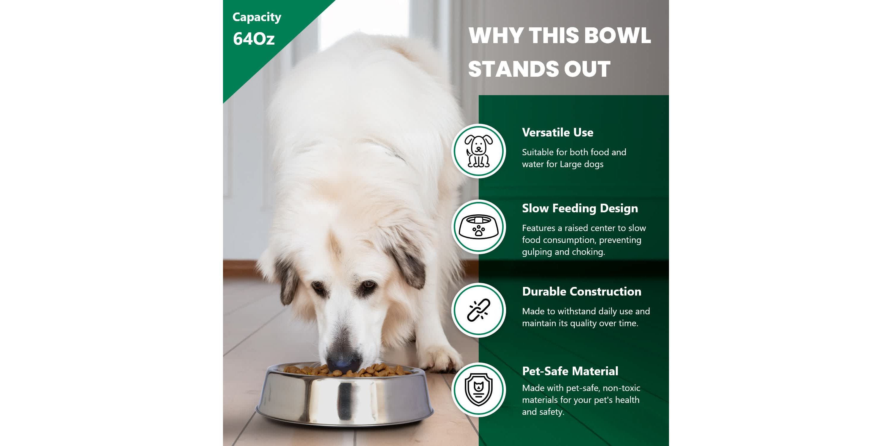 2 Pack Anti Ant Stainless Steel Non Skid Pet Bowl for Dog or Cat - 64 oz - 8 cup