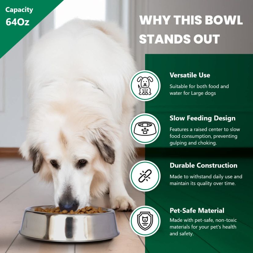 2 Pack Anti Ant Stainless Steel Non Skid Pet Bowl for Dog or Cat - 64 oz - 8 cup