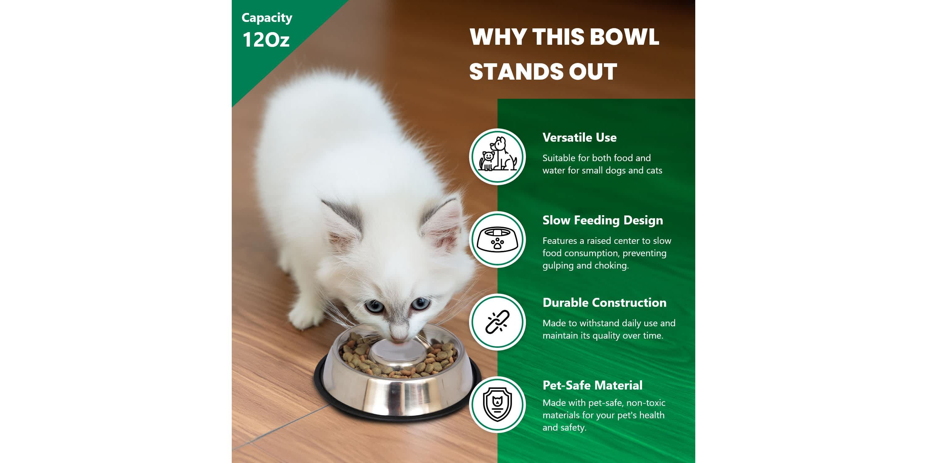2 Pack Slow Feed Stainless Steel Pet Bowl for Dog or Cat - Small - 12 oz
