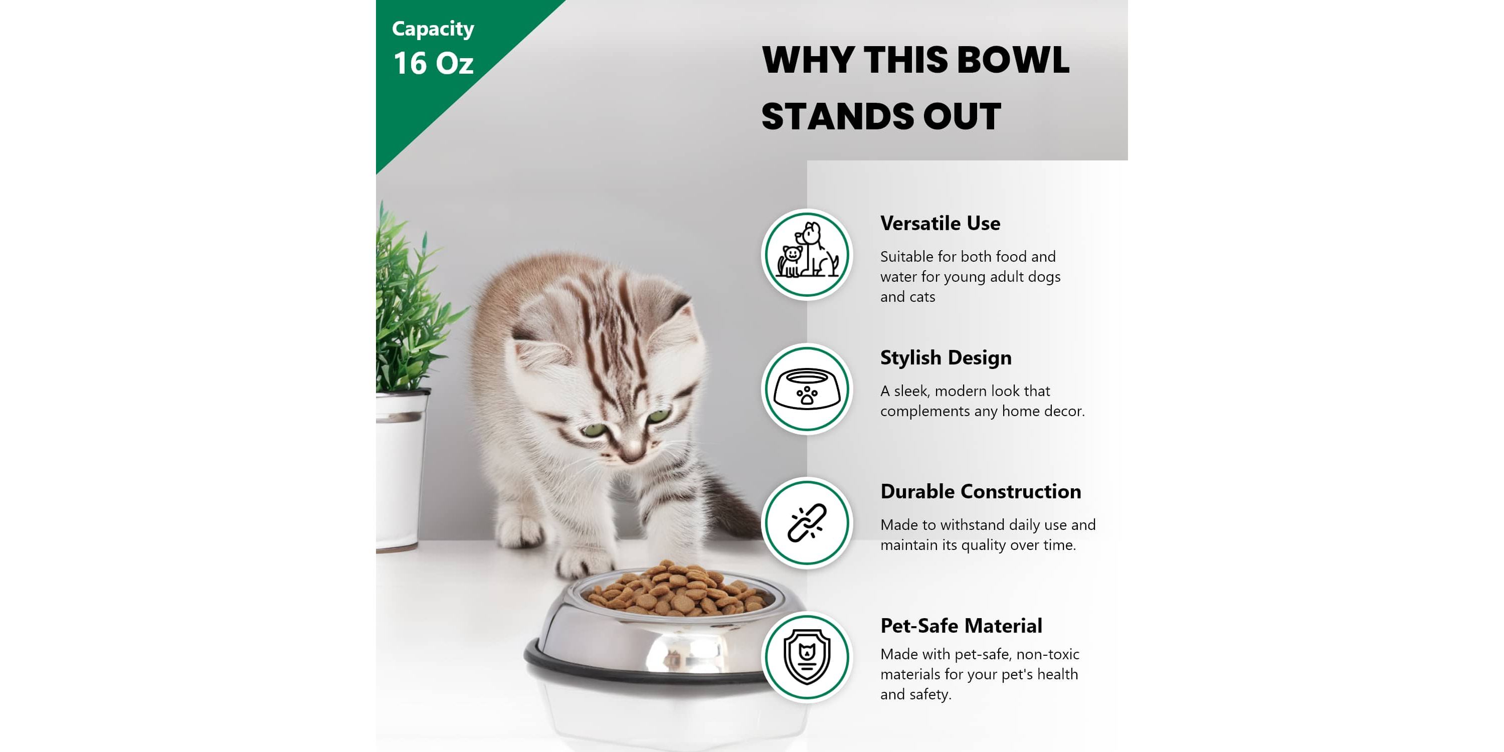 2 Pack Heavy Weight Non-Skid Easy Feed High Back Pet Bowl for Dog or Cat - 16 oz - 2 cup