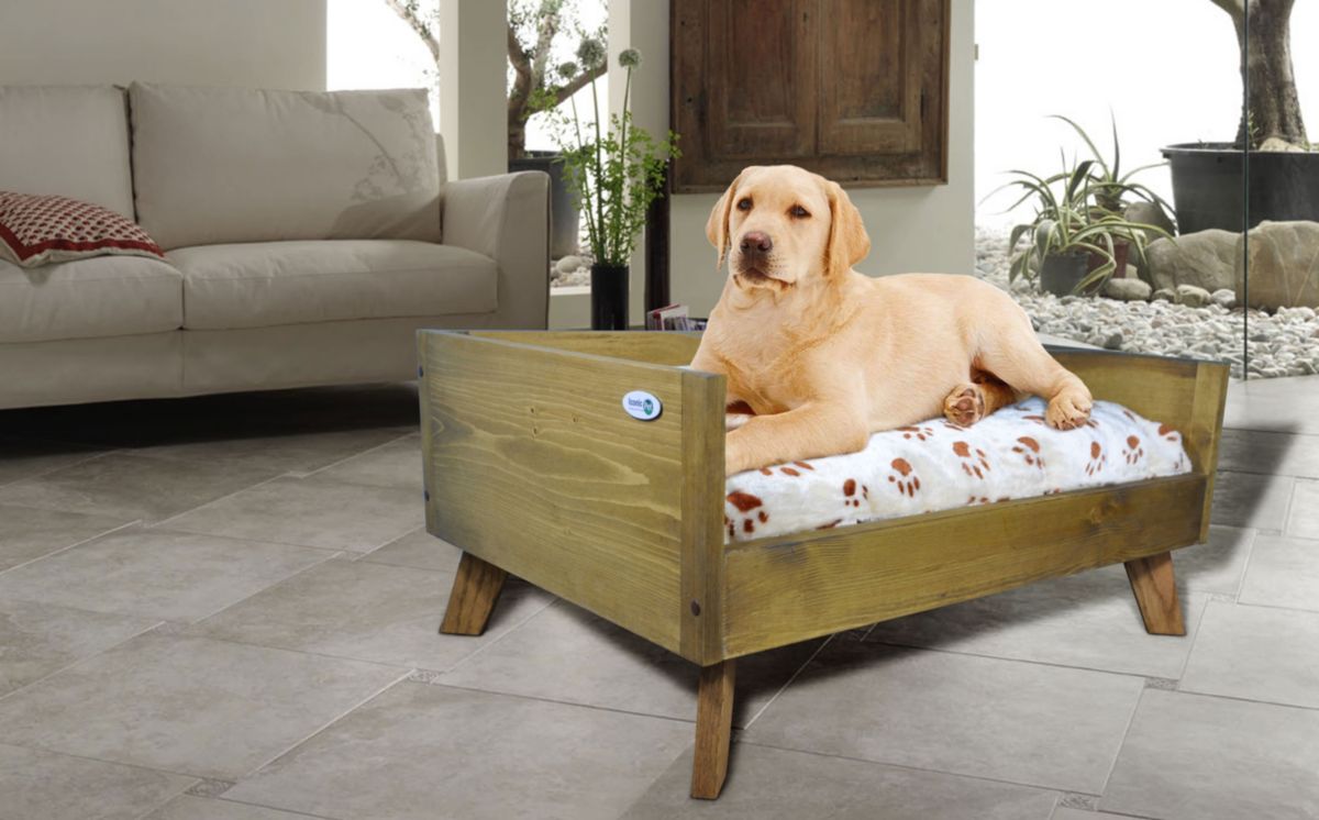 Sassy Paws Raised Wooden Pet Bed with Removable Cushion - Rustic Brown - Medium