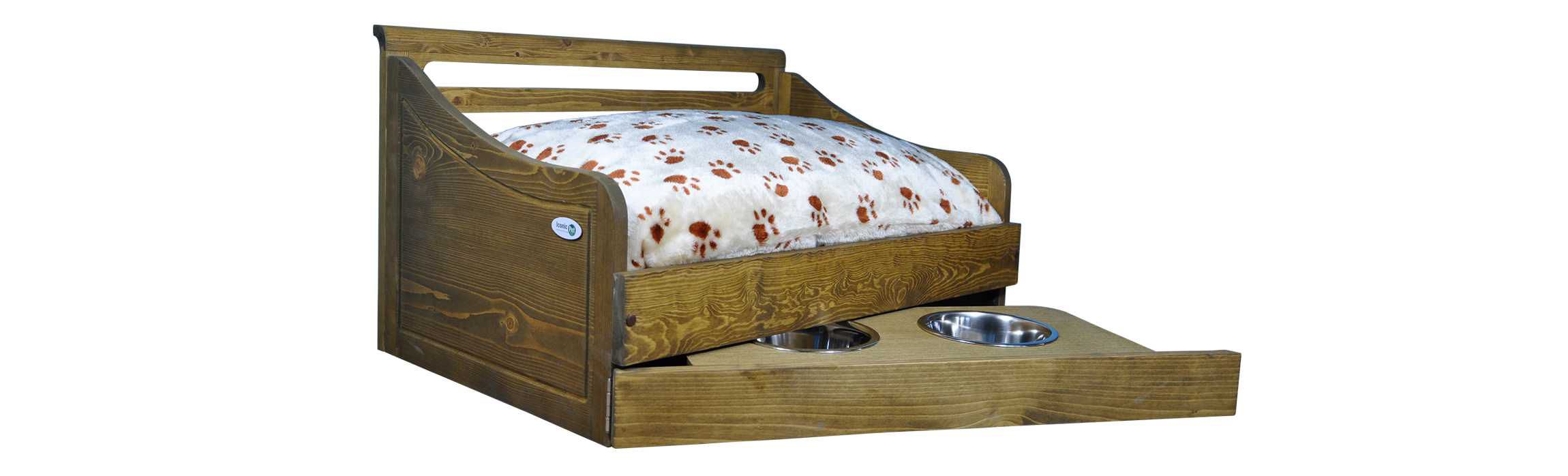 Sassy Paws Multipurpose Wooden Pet Bed with Feeder - Rustic Brown - Small