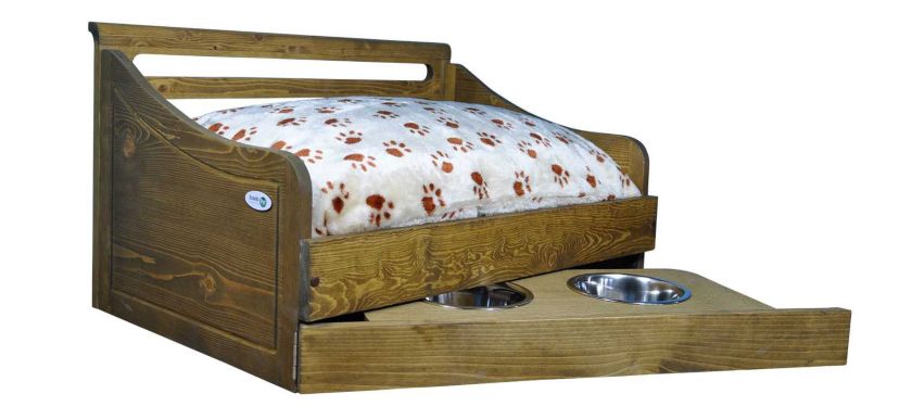 Sassy Paws Multipurpose Wooden Pet Bed with Feeder - Rustic Brown - Small