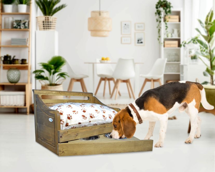 Sassy Paws Multipurpose Wooden Pet Bed with Feeder - Rustic Brown - Small