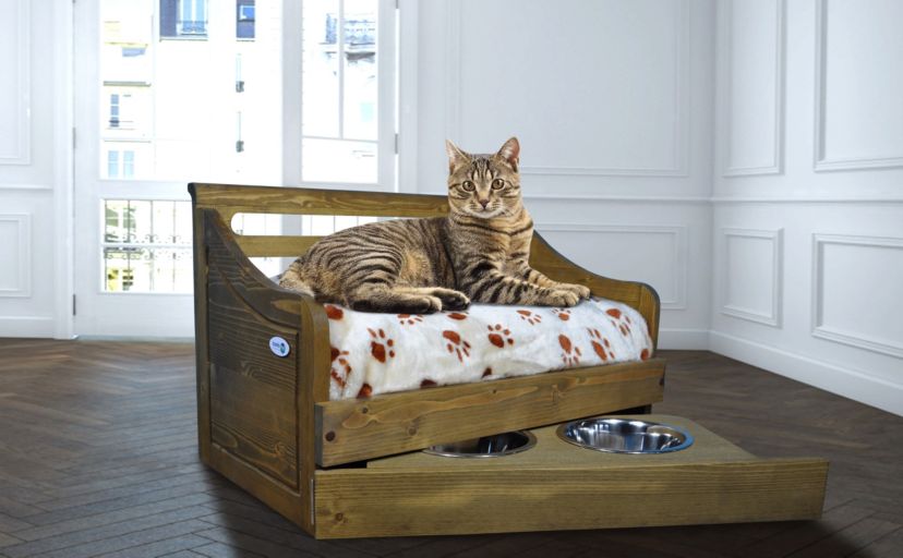 Sassy Paws Multipurpose Wooden Pet Bed with Feeder - Rustic Brown - Small