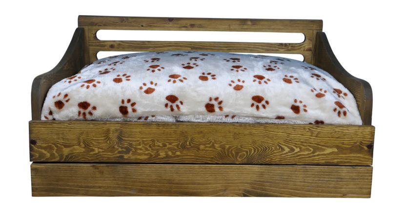 Sassy Paws Multipurpose Wooden Pet Bed with Feeder - Rustic Brown - Small