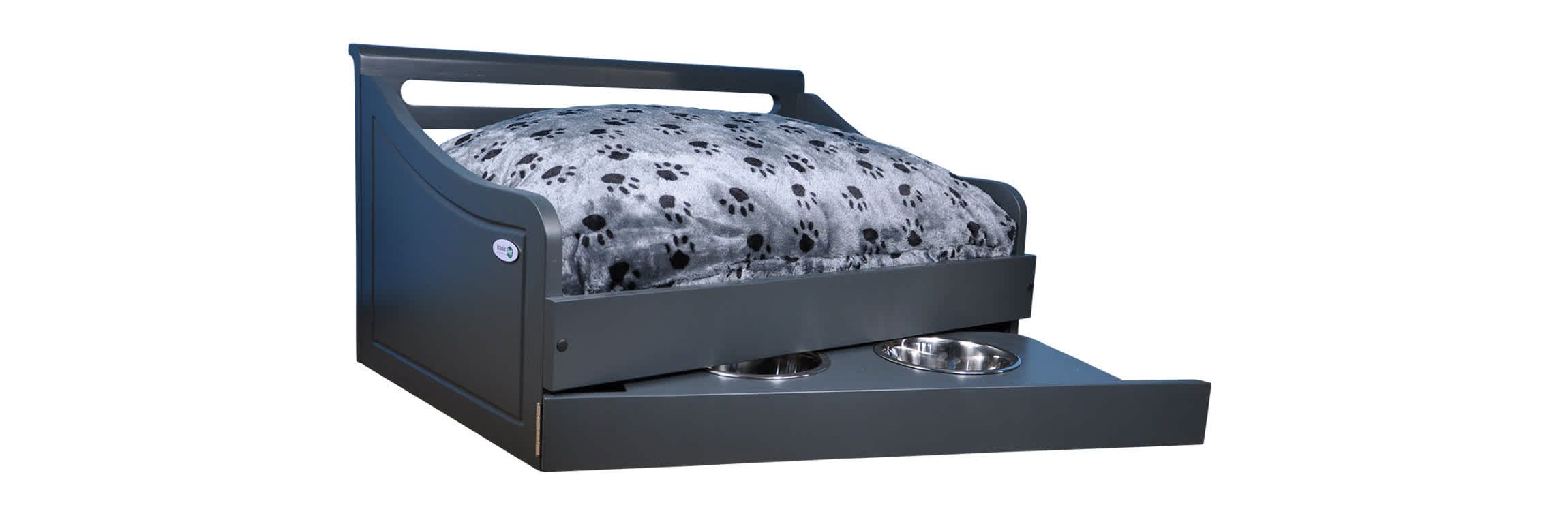 Sassy Paws Multipurpose Wooden Pet Bed with Feeder - Black - Small