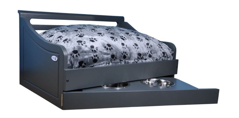 Sassy Paws Multipurpose Wooden Pet Bed with Feeder - Black - Small