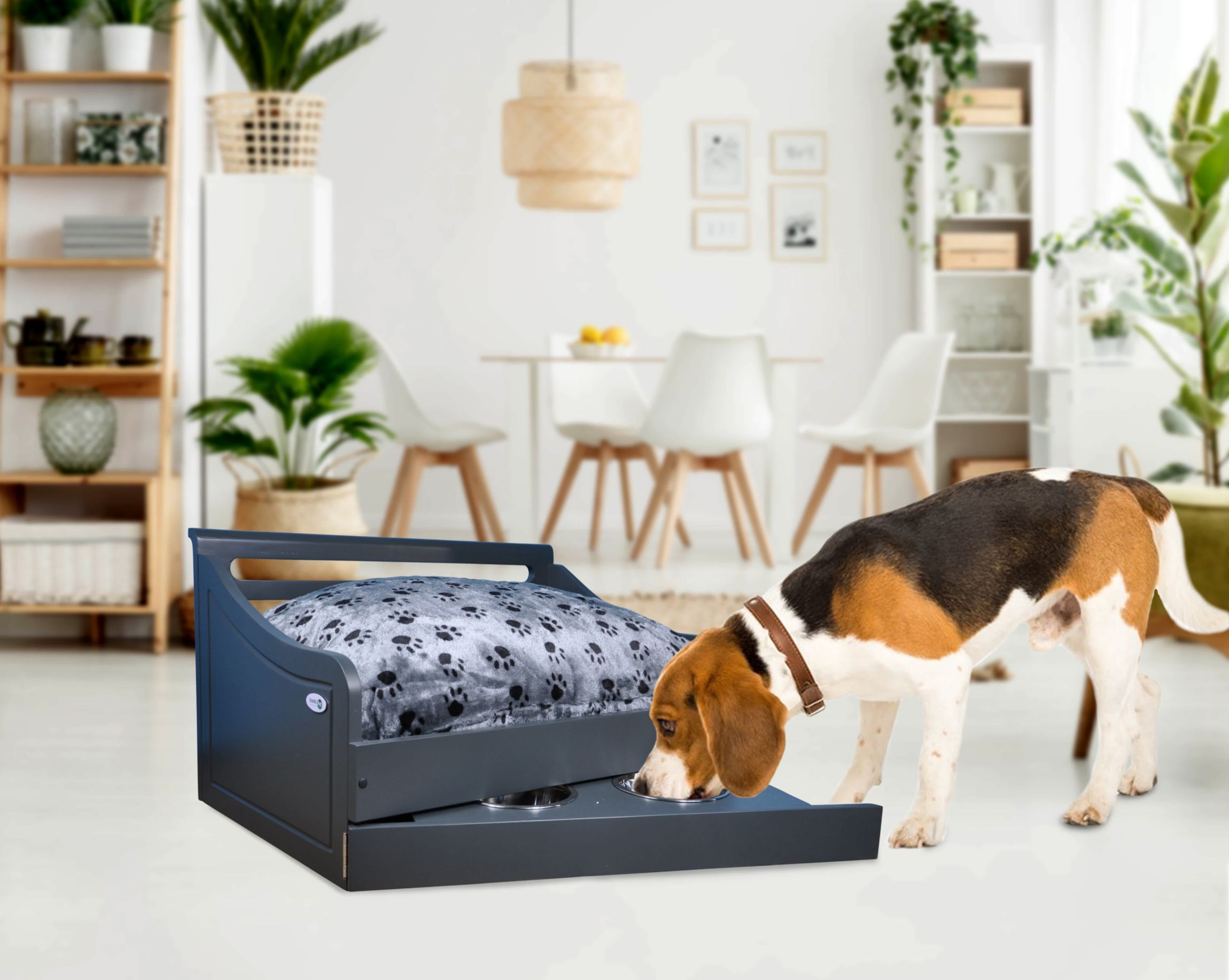 Sassy Paws Multipurpose Wooden Pet Bed with Feeder - Black - Small