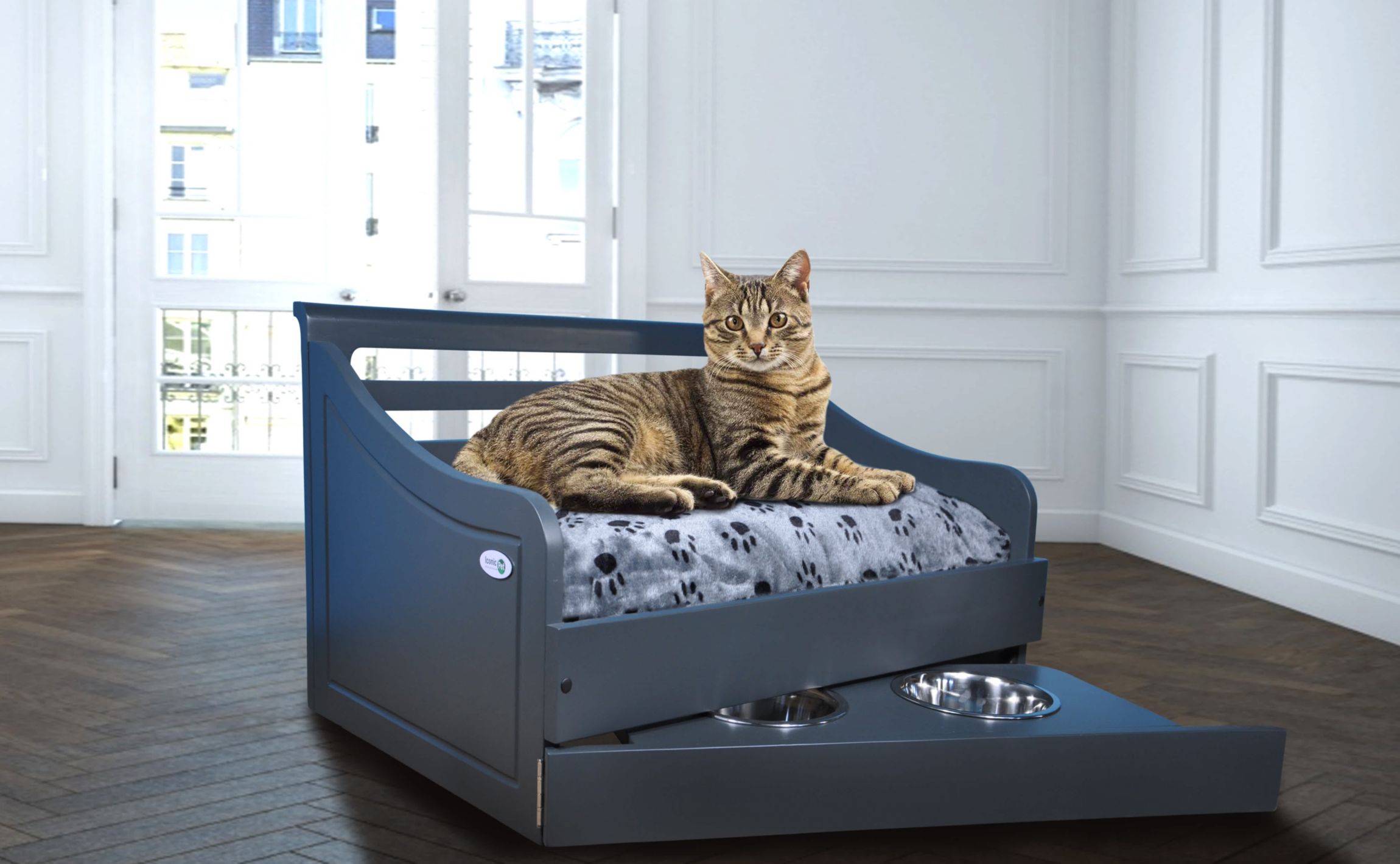 Sassy Paws Multipurpose Wooden Pet Bed with Feeder - Black - Small