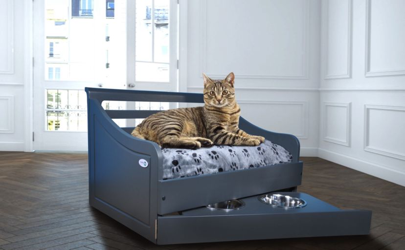 Sassy Paws Multipurpose Wooden Pet Bed with Feeder - Black - Small