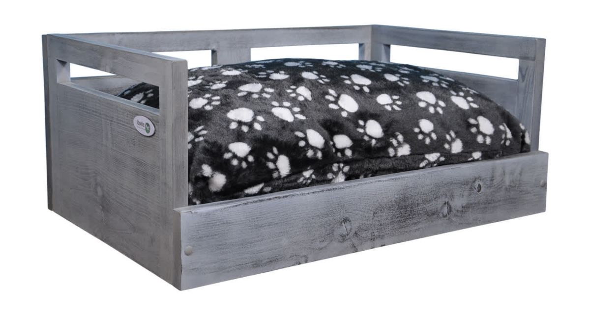 Sassy Paws Wooden Pet Bed with Paw Printed Comfy Cushion - Antique Gray - Medium