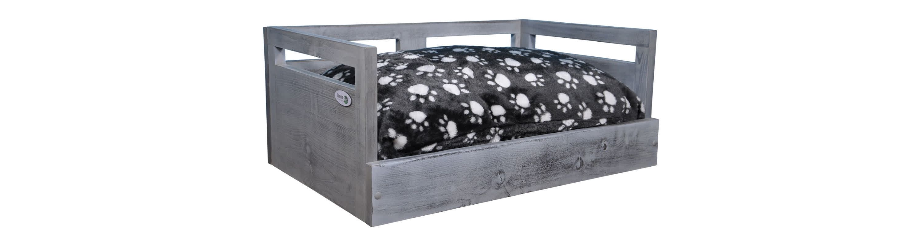 Sassy Paws Wooden Pet Bed with Paw Printed Comfy Cushion - Antique Gray - Medium