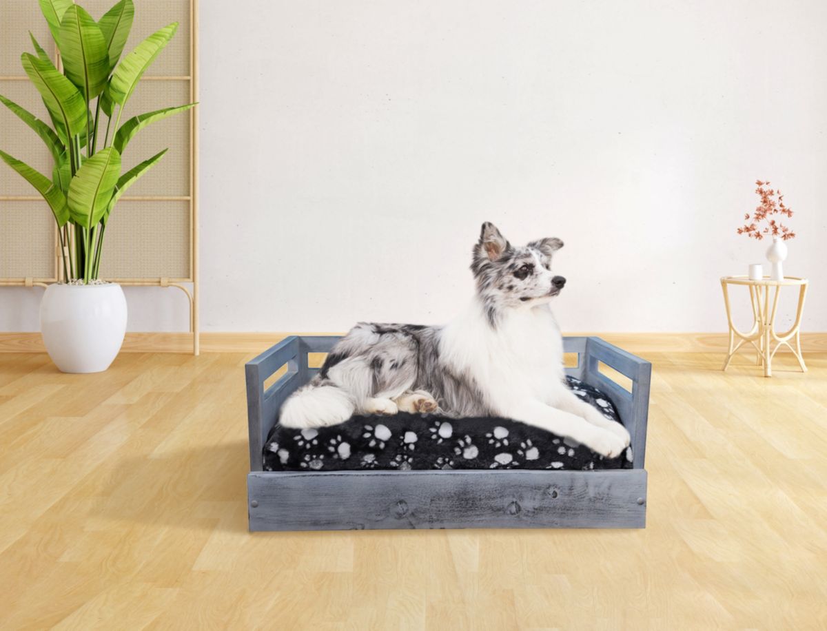 Sassy Paws Wooden Pet Bed with Paw Printed Comfy Cushion - Antique Gray - Medium