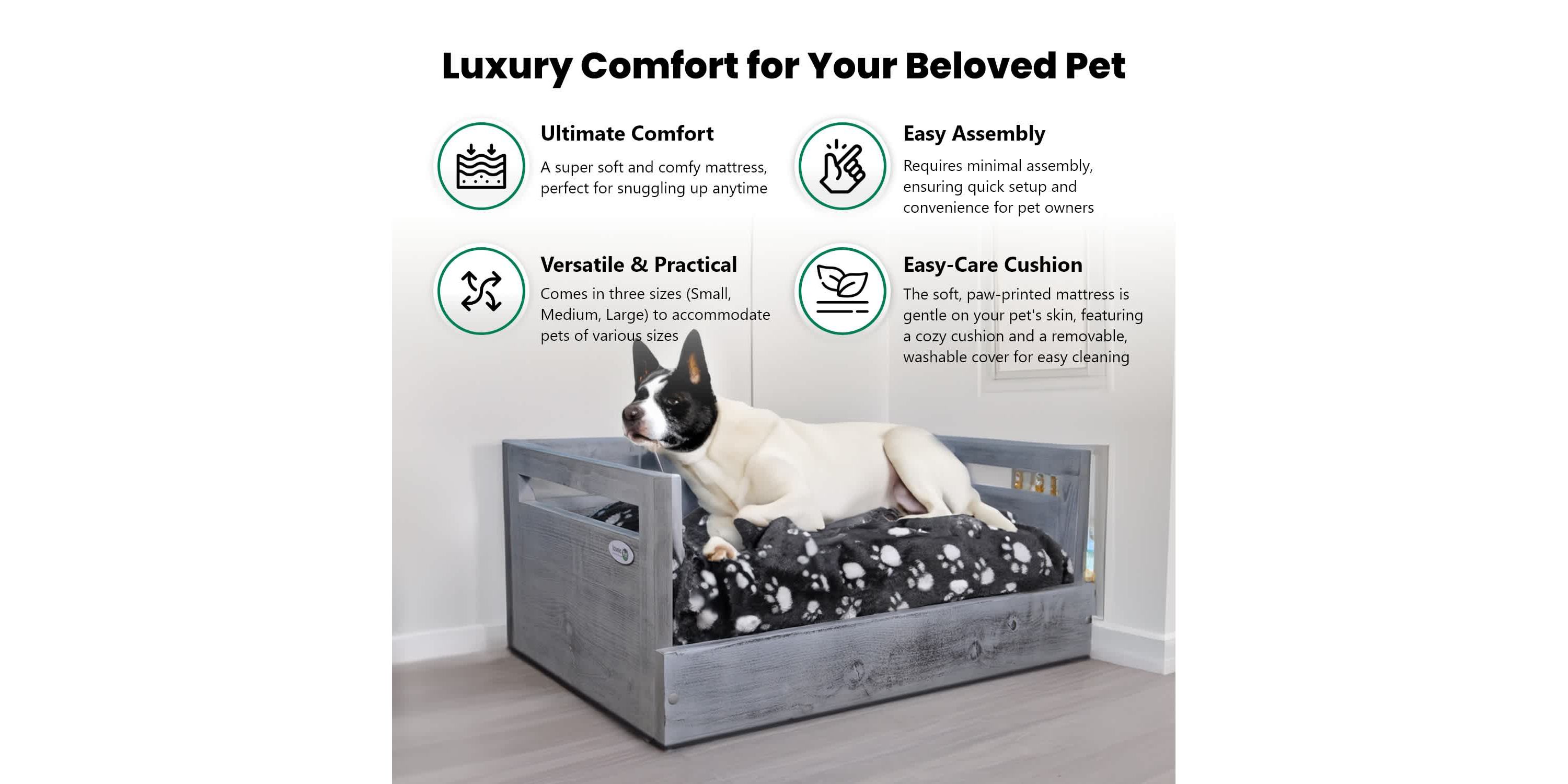 Sassy Paws Wooden Pet Bed with Paw Printed Comfy Cushion - Antique Gray - Medium