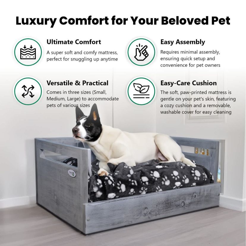Sassy Paws Wooden Pet Bed with Paw Printed Comfy Cushion - Antique Gray - Medium