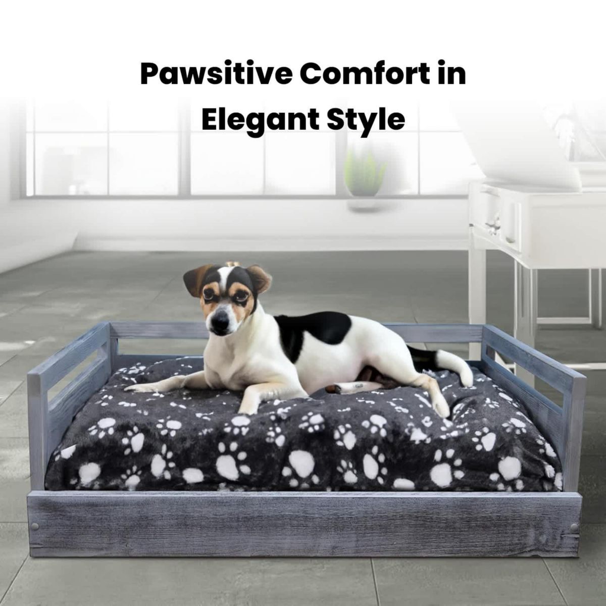 Sassy Paws Wooden Pet Bed with Paw Printed Comfy Cushion - Antique Gray - Medium