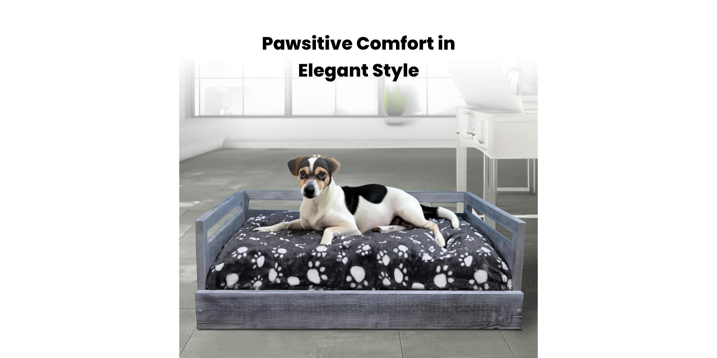 Sassy Paws Wooden Pet Bed with Paw Printed Comfy Cushion - Antique Gray - Medium