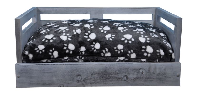 Sassy Paws Wooden Pet Bed with Paw Printed Comfy Cushion - Antique Gray - Medium
