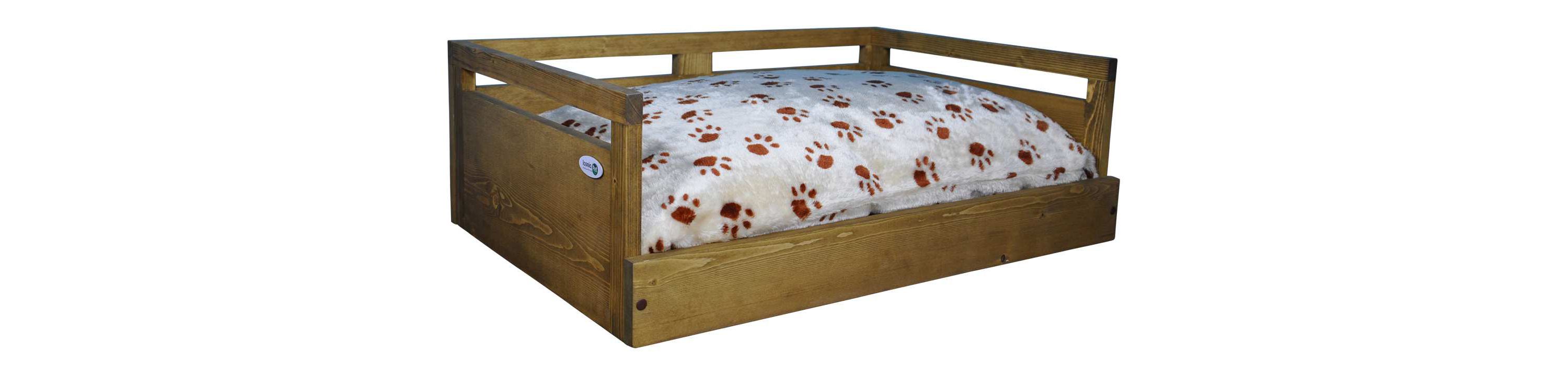 Sassy Paws Wooden Pet Bed with Paw Printed Comfy Cushion - Rustic Brown - Small
