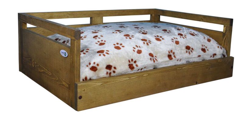Sassy Paws Wooden Pet Bed with Paw Printed Comfy Cushion - Rustic Brown - Small
