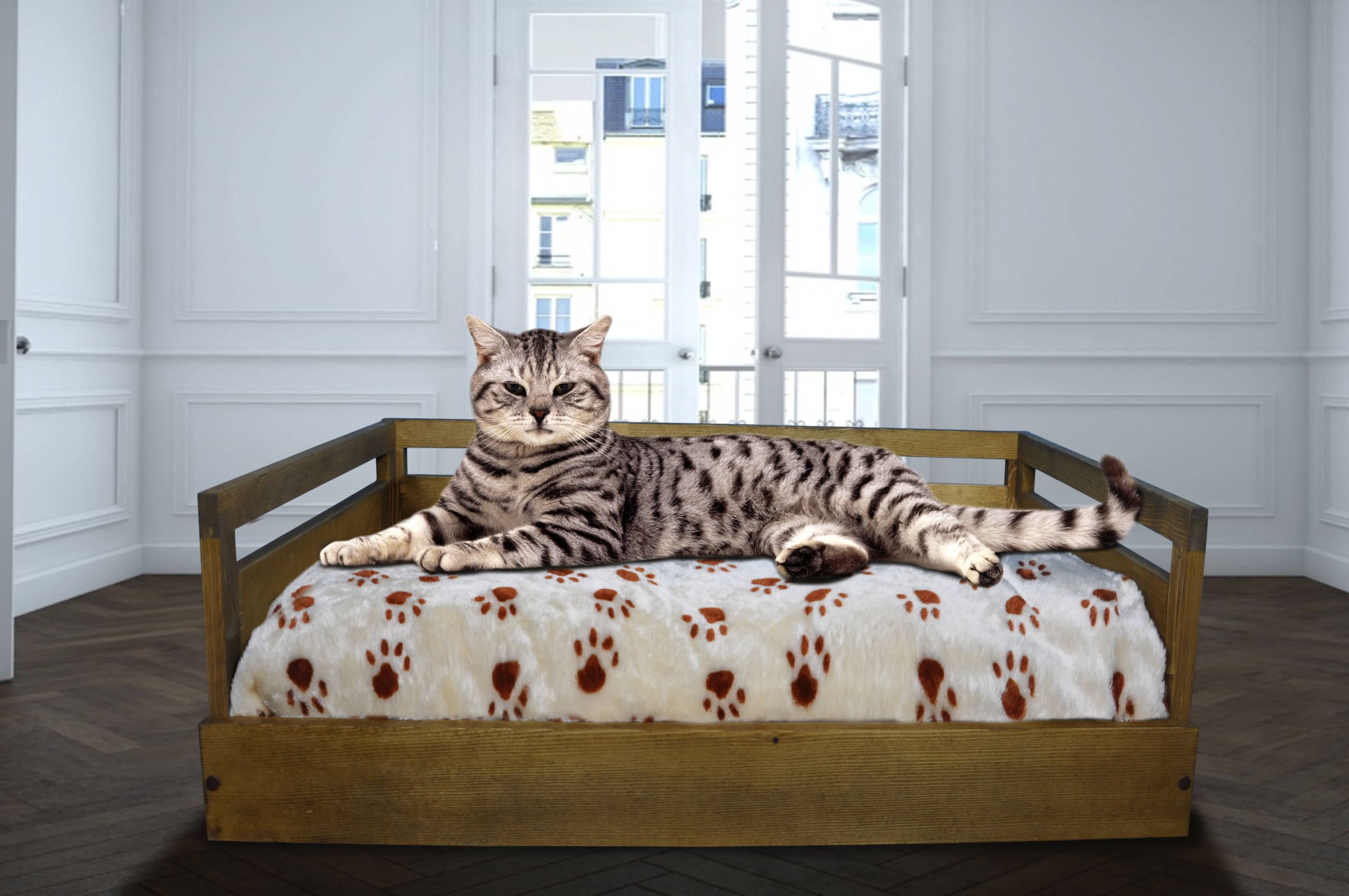 Sassy Paws Wooden Pet Bed with Paw Printed Comfy Cushion - Rustic Brown - Small