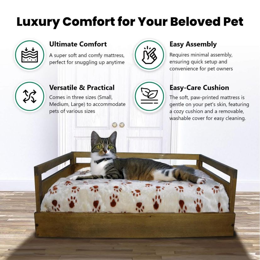 Sassy Paws Wooden Pet Bed with Paw Printed Comfy Cushion - Rustic Brown - Small