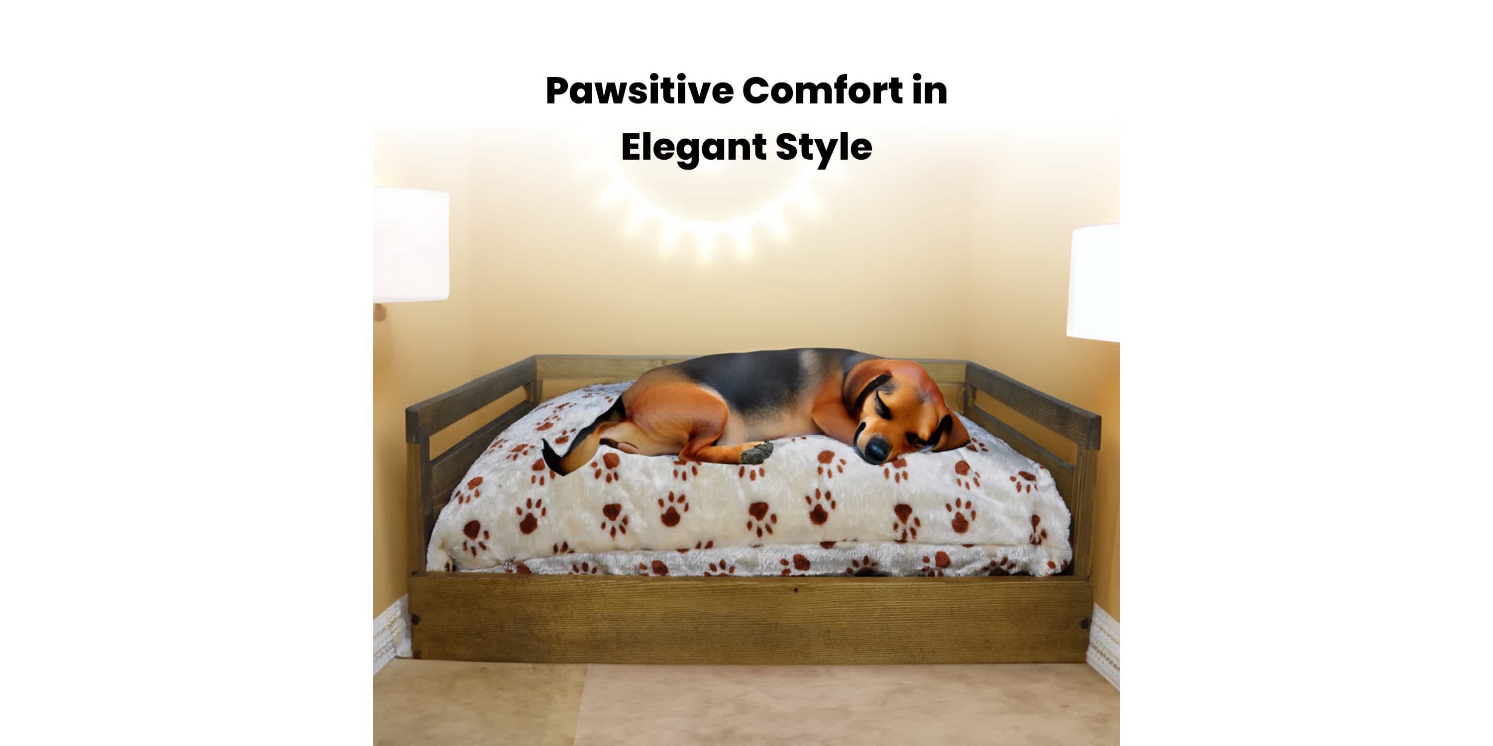 Sassy Paws Wooden Pet Bed with Paw Printed Comfy Cushion - Rustic Brown - Small