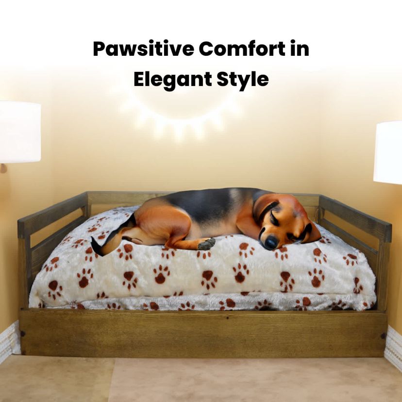 Sassy Paws Wooden Pet Bed with Paw Printed Comfy Cushion - Rustic Brown - Small