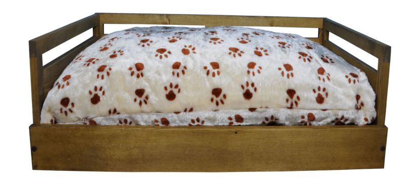 Sassy Paws Wooden Pet Bed with Paw Printed Comfy Cushion - Rustic Brown - Small