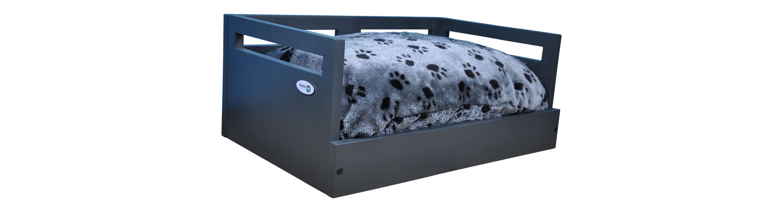 Sassy Paws Wooden Pet Bed with Paw Printed Comfy Cushion - Black - Small
