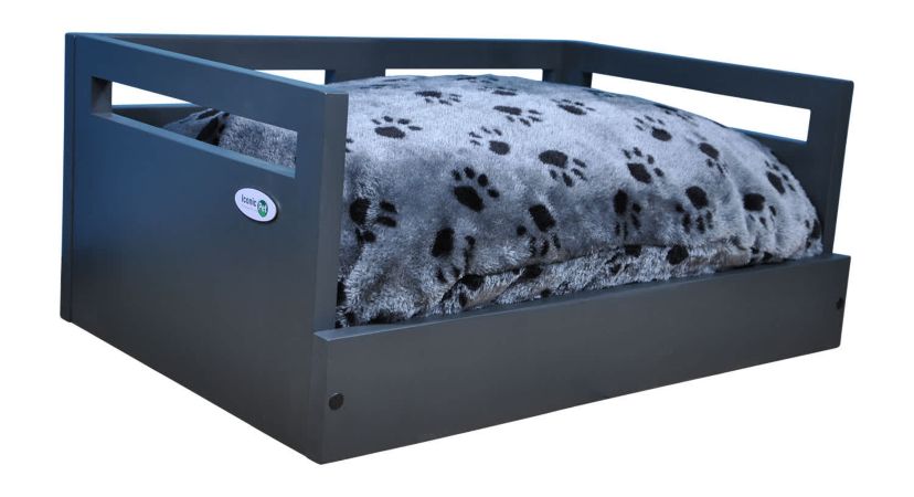 Sassy Paws Wooden Pet Bed with Paw Printed Comfy Cushion - Black - Small
