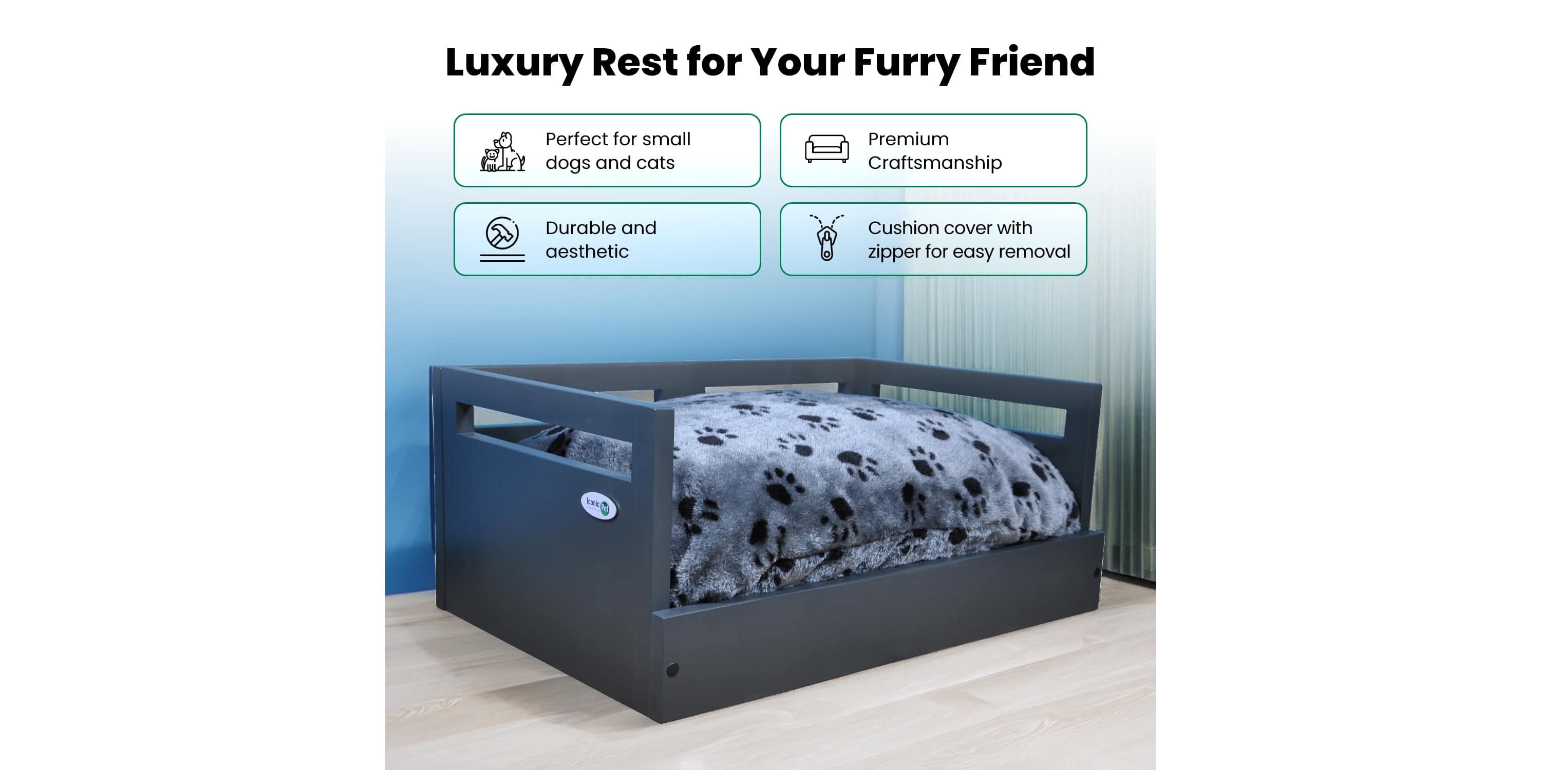 Sassy Paws Wooden Pet Bed with Paw Printed Comfy Cushion - Black - Small