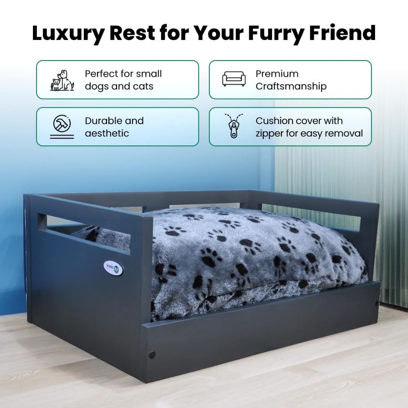 Sassy Paws Wooden Pet Bed with Paw Printed Comfy Cushion - Black - Small