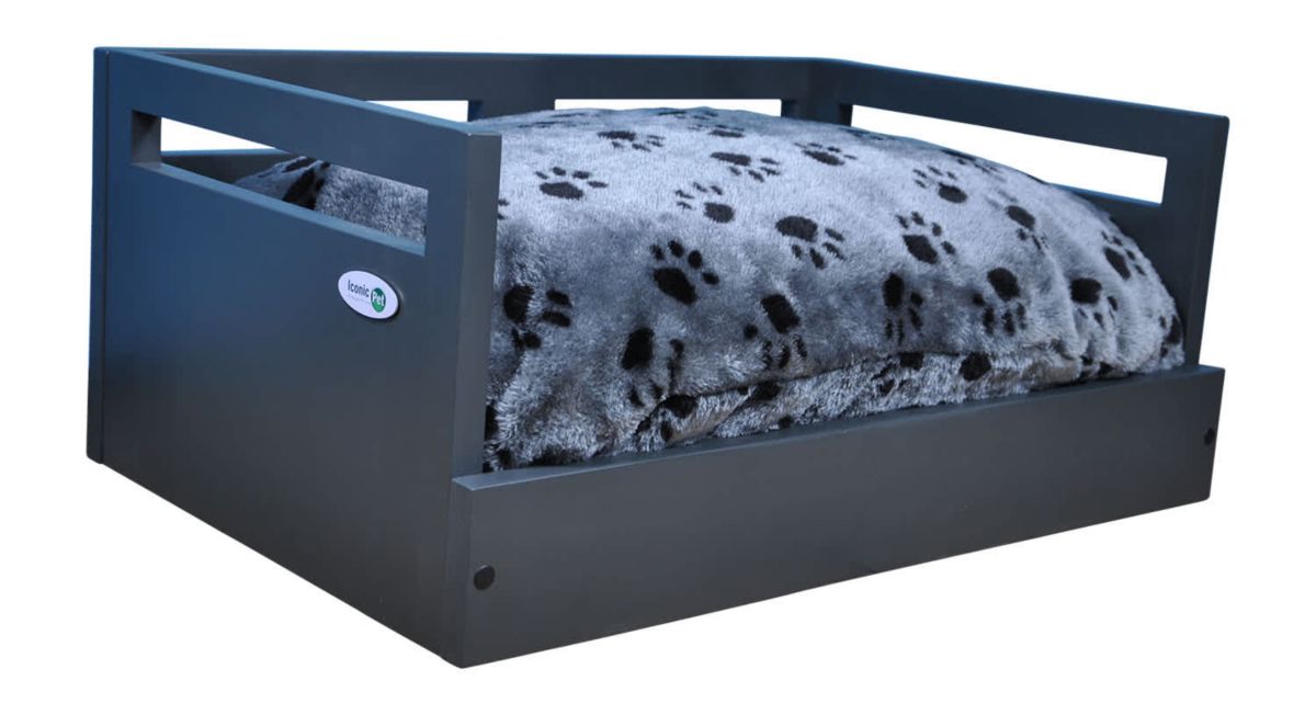 Sassy Paws Wooden Pet Bed with Paw Printed Comfy Cushion - Black - Medium