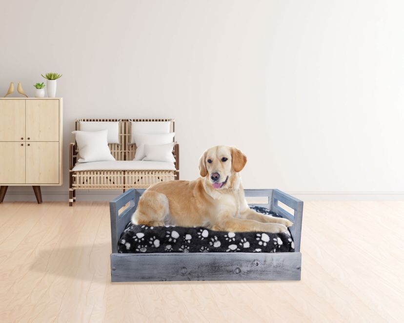 Sassy Paws Wooden Pet Bed with Paw Printed Comfy Cushion - Black - Medium