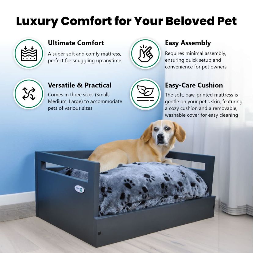 Sassy Paws Wooden Pet Bed with Paw Printed Comfy Cushion - Black - Medium