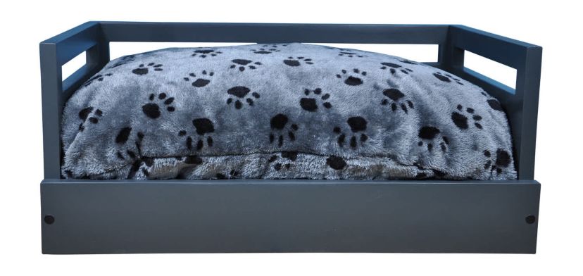 Sassy Paws Wooden Pet Bed with Paw Printed Comfy Cushion - Black - Medium