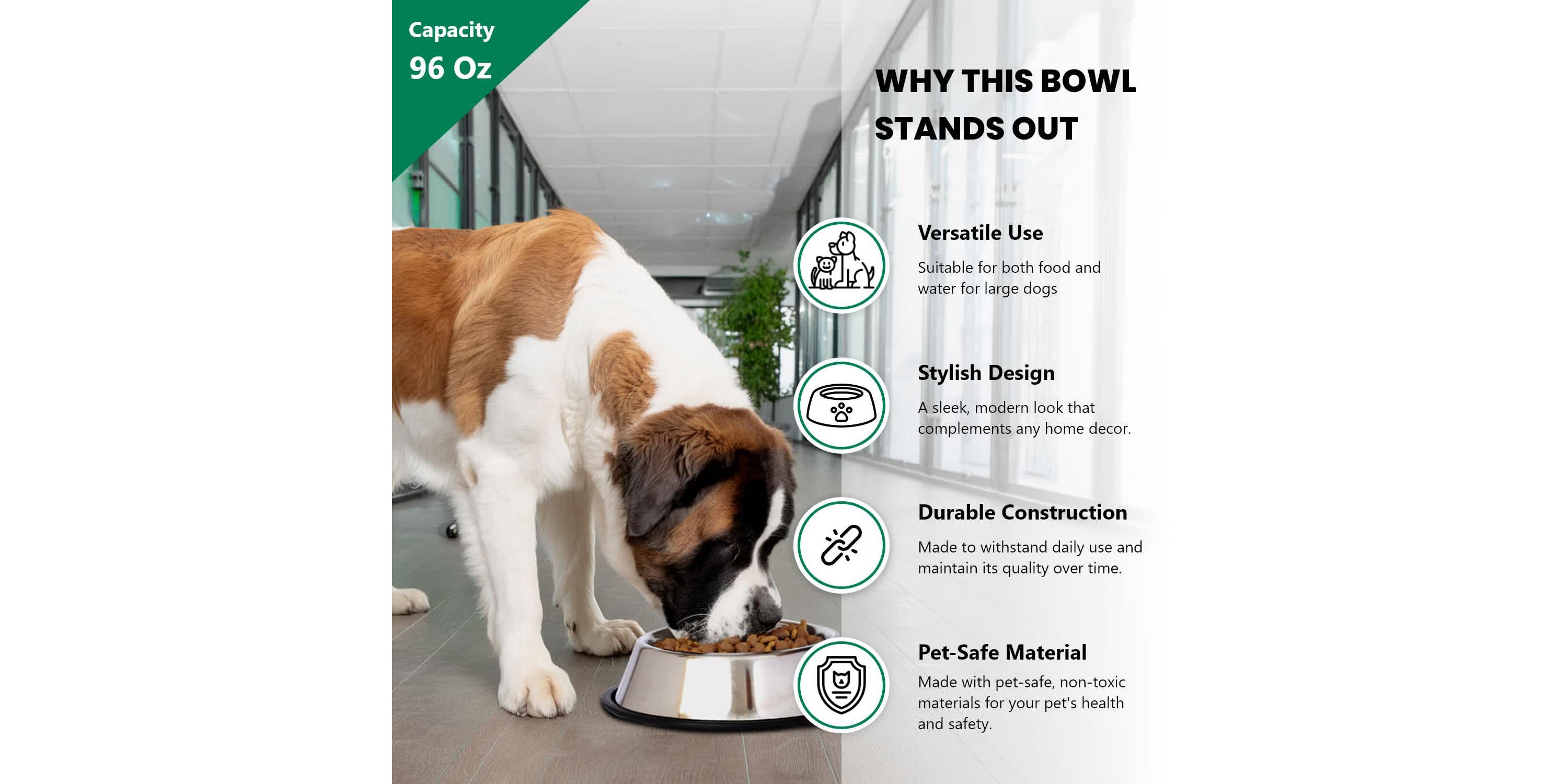 Stainless Steel Non-Skid Pet Bowl for Dog or Cat - 96 oz - 12 cup