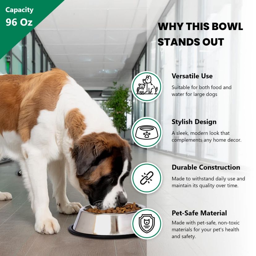 Stainless Steel Non-Skid Pet Bowl for Dog or Cat - 96 oz - 12 cup