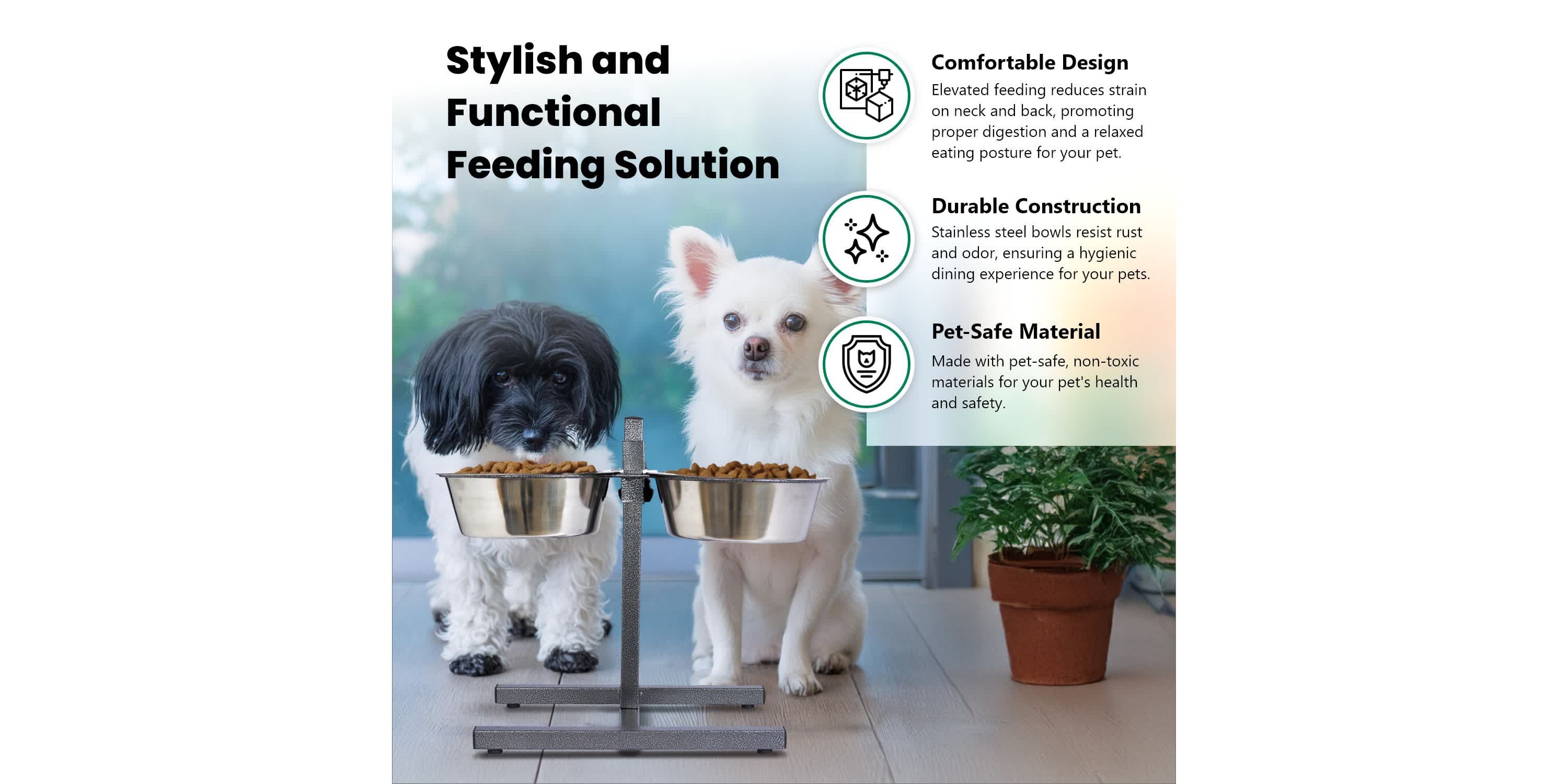 Adjustable Stainless Steel Pet Double Diner for Dog (H Design) (Small) - 2 Qt - 64 oz - 8 cup