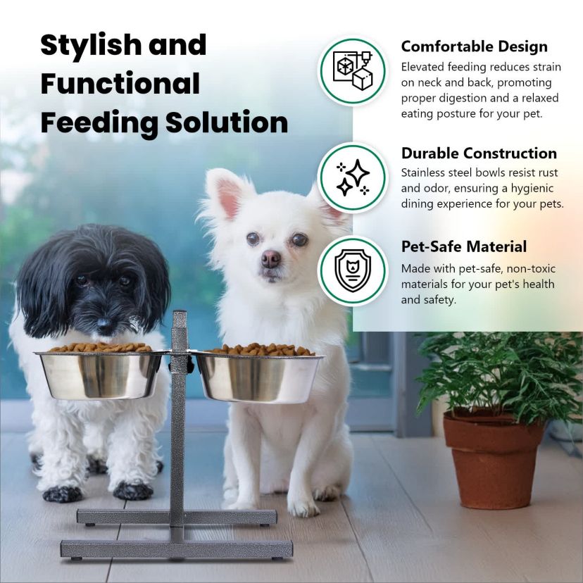 Adjustable Stainless Steel Pet Double Diner for Dog (H Design) (Small) - 2 Qt - 64 oz - 8 cup