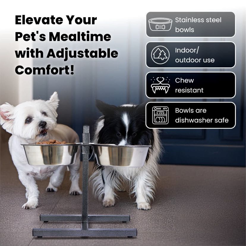Adjustable Stainless Steel Pet Double Diner for Dog (H Design) (Small) - 2 Qt - 64 oz - 8 cup