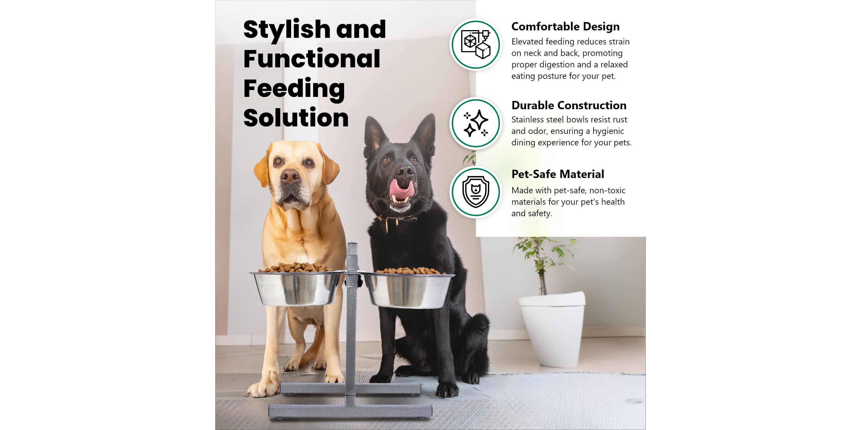 Adjustable Stainless Steel Pet Double Diner for Dog (H Design) (Large) - 5 Qt - 160 oz - 20 cup