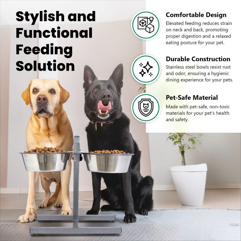 Adjustable Stainless Steel Pet Double Diner for Dog (H Design) (Large) - 5 Qt - 160 oz - 20 cup
