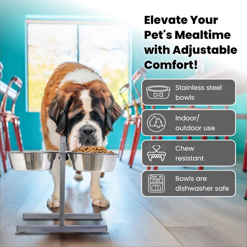 Adjustable Stainless Steel Pet Double Diner for Dog (H Design) (Large) - 5 Qt - 160 oz - 20 cup