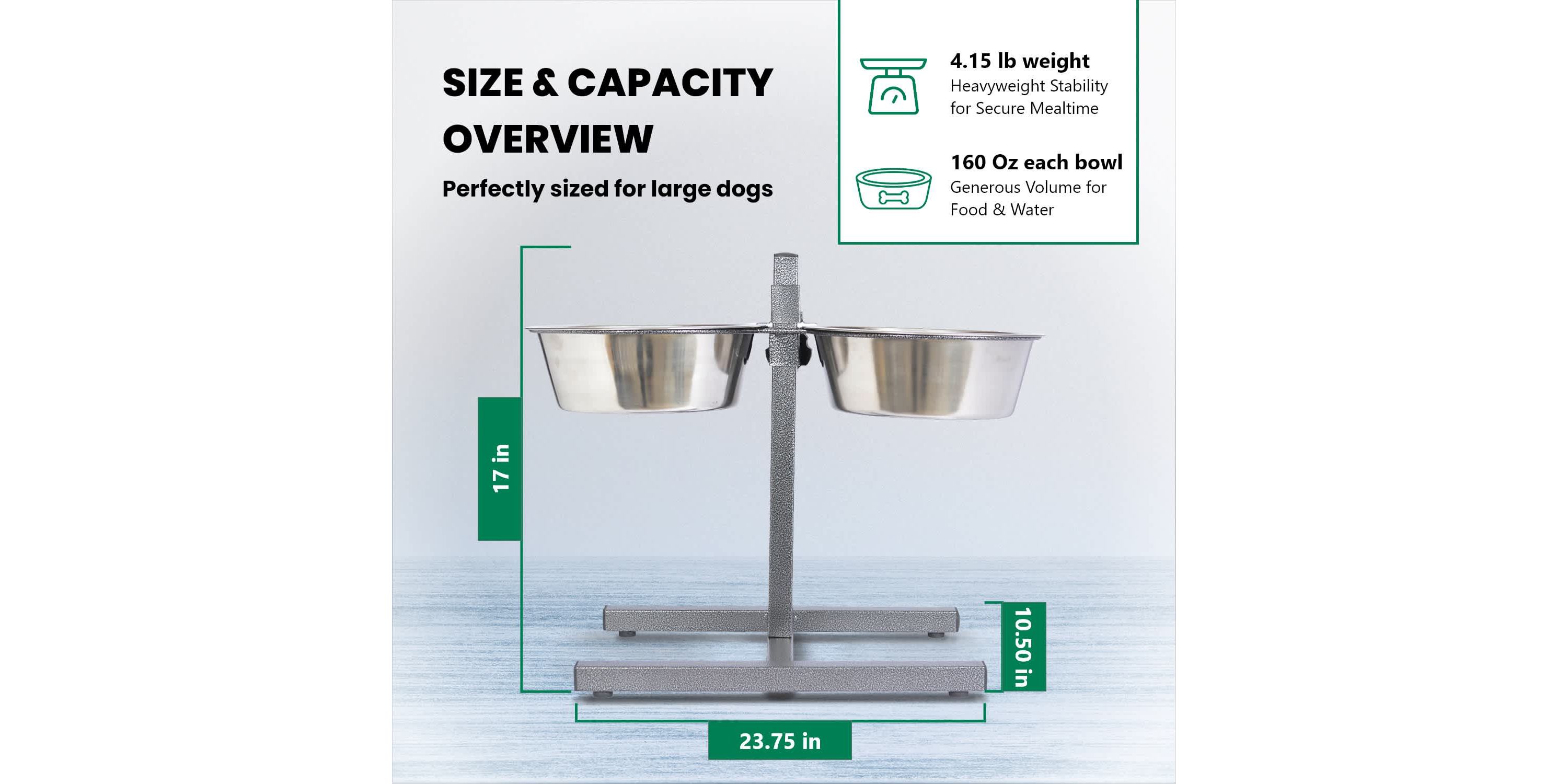 Adjustable Stainless Steel Pet Double Diner for Dog (H Design) (Large) - 5 Qt - 160 oz - 20 cup