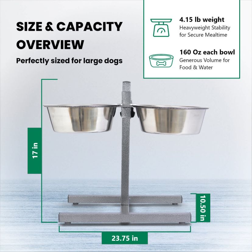 Adjustable Stainless Steel Pet Double Diner for Dog (H Design) (Large) - 5 Qt - 160 oz - 20 cup