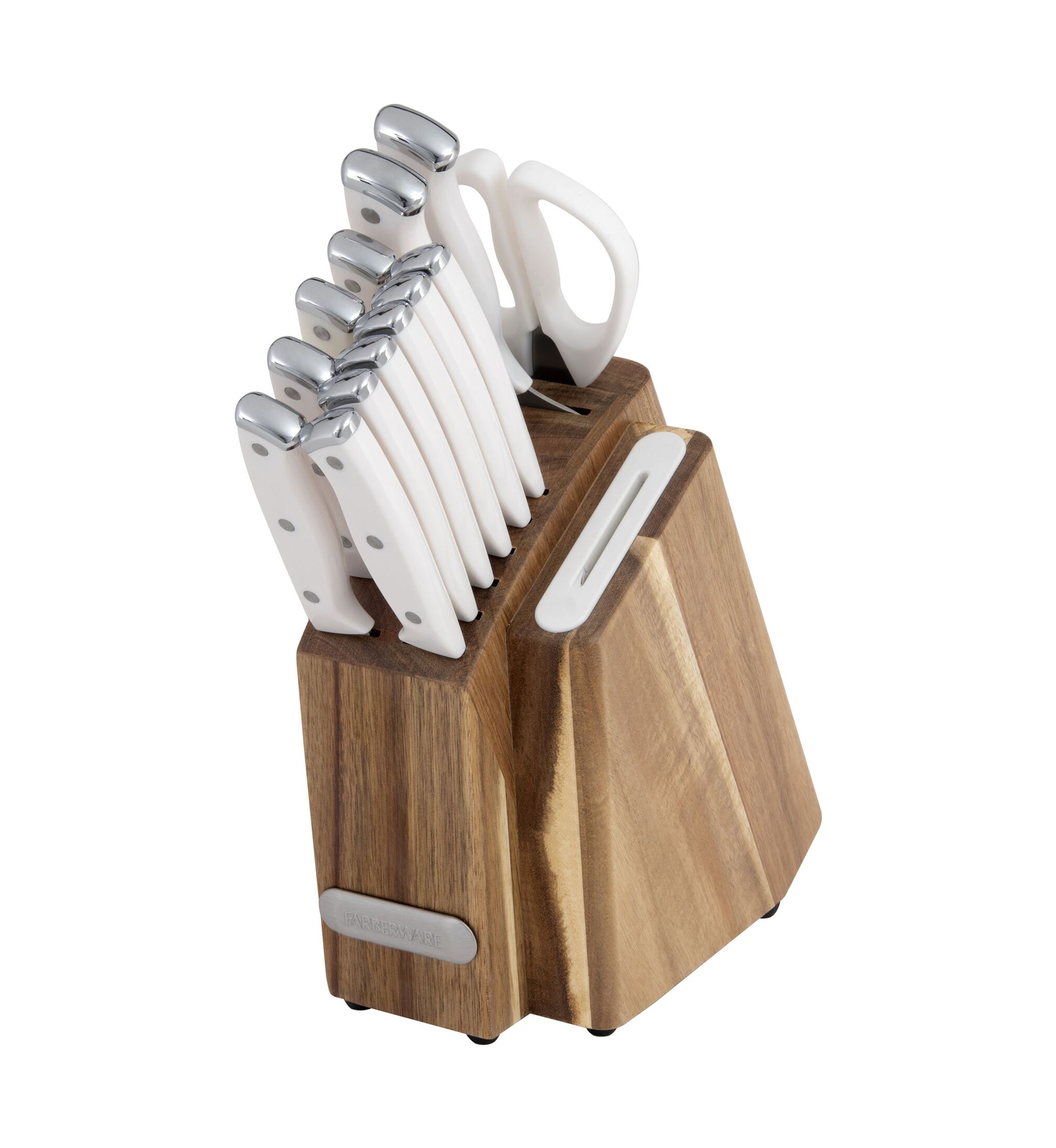 Triple Rivet White Slim Cutlery Acacia Wood Block Set with Built-In Edgekeeper® Sharpener