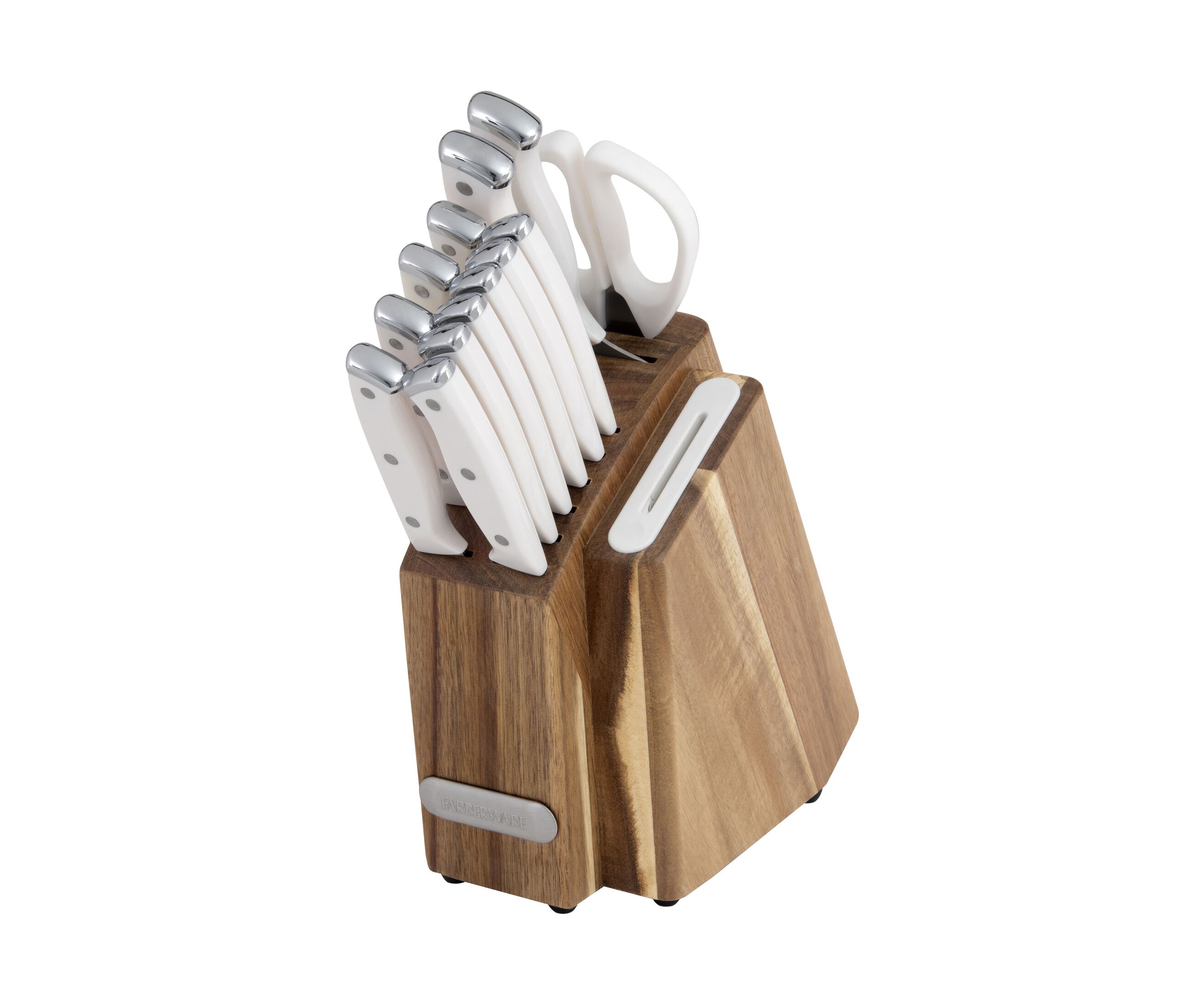 Triple Rivet White Slim Cutlery Acacia Wood Block Set with Built-In Edgekeeper® Sharpener